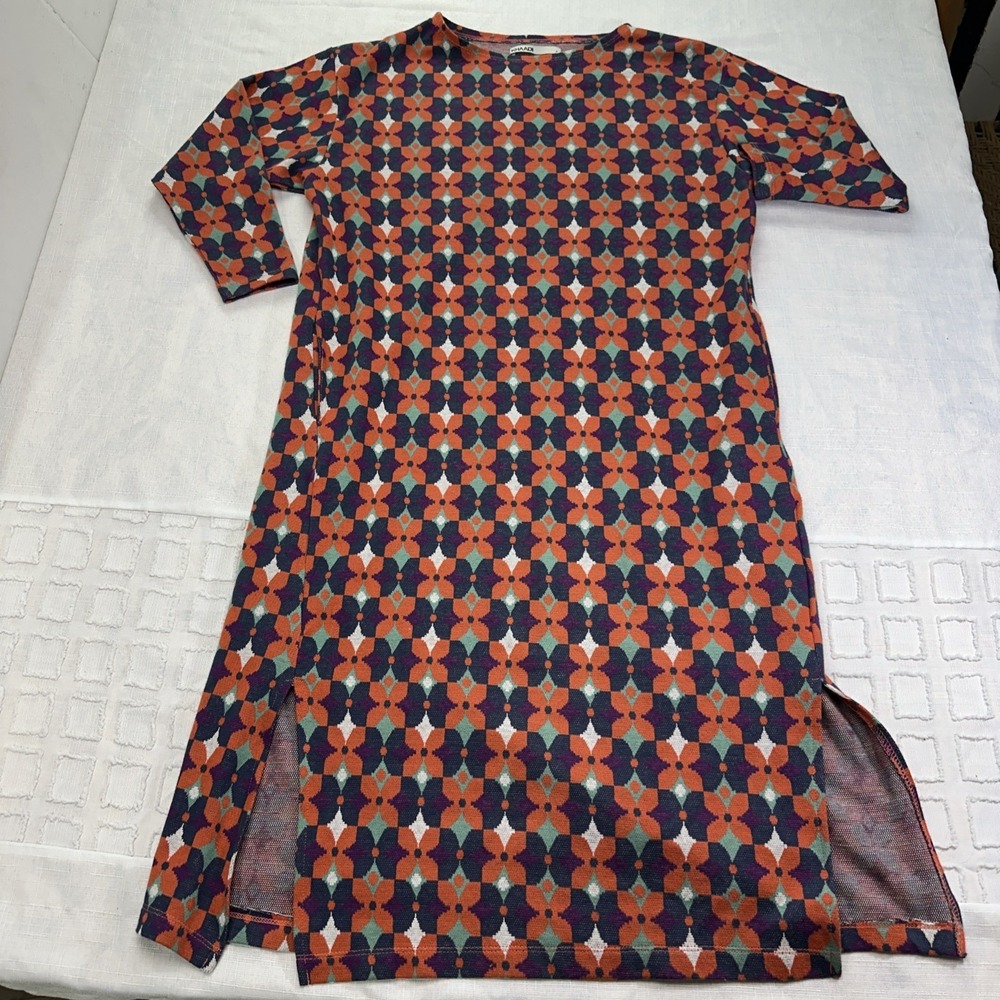 Khaadi Womens Geometric Floral Tunic Dress Orange Purple 3/4 Sleeve Side Slits S